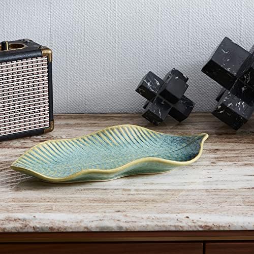 11" Green Ceramic Leaf Decorative Tray, Reactive Glaze Stoneware - Image 7