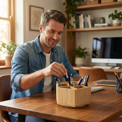 360° Rotating Bamboo Desk Organizer Hexagon - Image 2