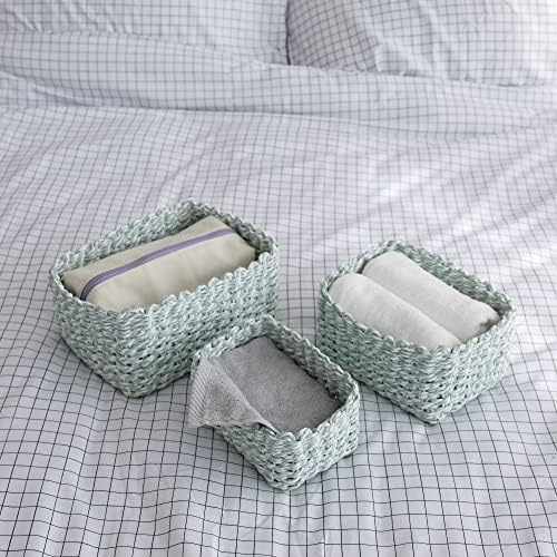 LA JOLIE MUSE Paper Rope Storage Baskets for Organizing, Recycled Wicker Storage Basket Container Bins for Shelves Cupboards Drawer, Small Woven Basket Set of 3 (Green White) - Image 3