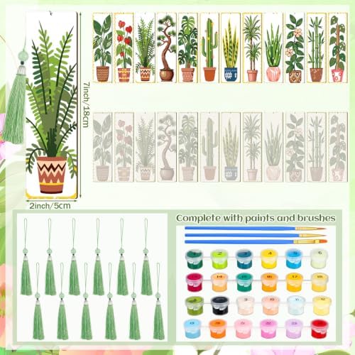Kosiz 12 Pcs Plants Paint by Number Kit for Adult Green Wood Bookmark - Image 3