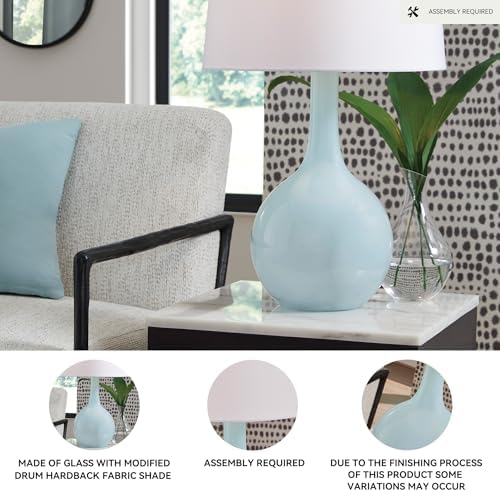 Signature Design by Ashley Rylanton Table Lamp, Tall 28.5 Inch Coastal Accent Light, Glass and Fabric Construction, Ideal for Living Room and Bedroom, Aqua Finish - Image 3