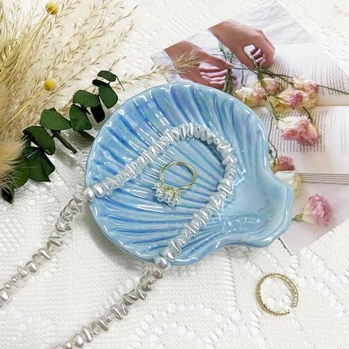 Shell Jewelry Dish Tray for Women, Ceramic Seashell Jewelry Ring Holder Dish, Jewelry Plate Trinket Dish for Necklace, Earring, Ring, Mother's Day Christmas Gift, 3.9", Sky Blue Iridescent Surface - Image 5