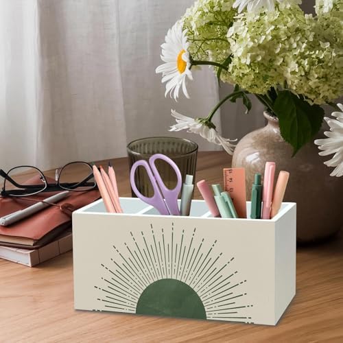 DILSJ Boho Abstract Sunshine Pen Pencil Holder Organizer for Desk, Boho Office Decor, Sage Green Mid Century Modern Minimalist Sun Sunshine Wooden Box Signs for Home Office Desk Tabletop Decoration - Image 4