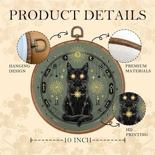 OFJE Boho Celestial Black Cat Wall Art Decor, Gothic Witchy Black Cat Round Wall Hanging Decor, Mystical Sun Evil Eye Framed Canvas Prints for Home Bedroom Living Room Decorations, 10x10 Inch - Image 6