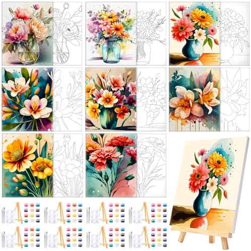 Humyoun 8 Sets 8" x 10" Flower Pre Drawn Canvas to Paint for Sip and Paint Party Floral Predrawn Coloring Set Pre Sketched Canvas Boards with Paints and Brushes for Adult by Humyoun