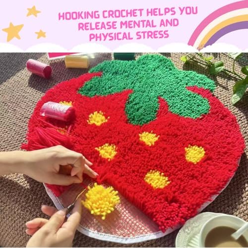 MeoobkCraft Flirty Strawberry for Latch Hook Kits for Adults Beginners Strawberry Pre-Printed Latch Hook Rug Kits Embroidery Cross-Stitch for Home Home Decoration 19.7 x 19.7in - Image 3