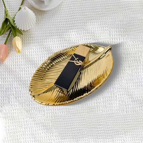 Trinket Dish Decorative Bowl - Jewelry Dish Tray Golden Leaf Shaped Ceramic Ring Bracelet Necklace Holder for Birthday Party Wedding Womens Ladies Girls Small - Image 4