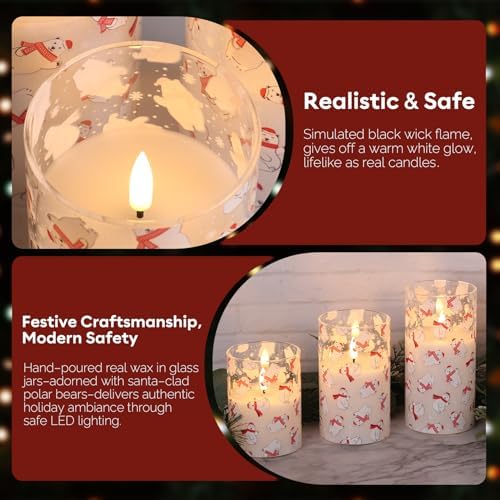 Eywamage Christmas Glass Flameless Pillar Candles with Remote, Flickering LED Battery Candles Bear Holiday Winter Table Decor Gift Set of 3 - Image 2