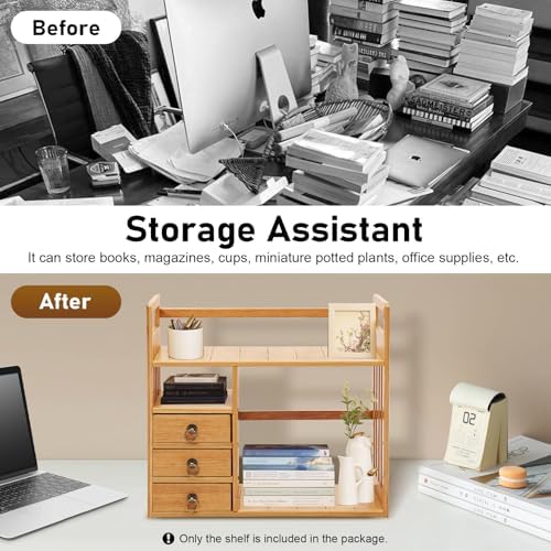 Bamboo Desktop Bookshelf desk organizer with 3 drawers Desktop Storage Shelf with Drawer Pulls Multifunctional Desk Caddy for Office Stationery Wooden Countertop Cabinet Office for Home School - Image 7