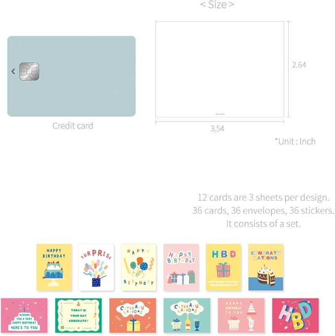 Monolike Day-by-day Card, Pop pop birthday Ver.2 - Mix 36 Mini Single cards, 36 envelopes, 36 stickers Package