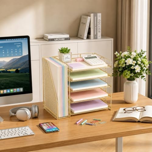 OPNICE Desk Organizer, 5-Tier Paper Organizer Letter Tray, Gold - Image 6