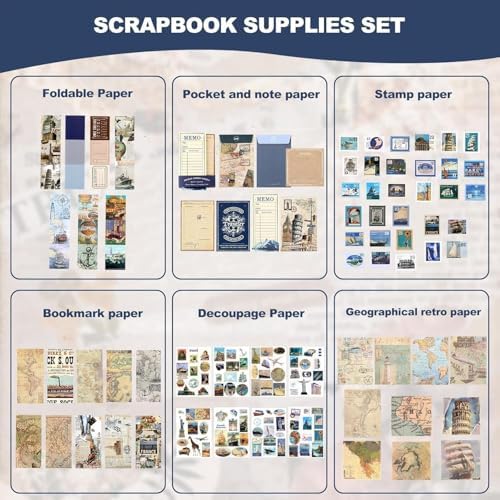 ATIRAMANIYA 346pcs Vintage Scrapbook Kit Aesthetic Junk Journal Set with Stickers, Washi Tape, A6 Notebook & Decorative Paper, All-in-One Scrapbook Kit Stationery (Global Travel) - Image 4