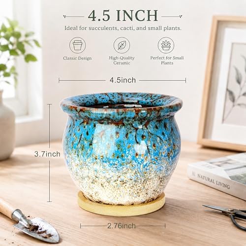 Plant Pots, 4.5 Inch Plant Pots for Indoor, Small Ceramic Planter with Tray - Image 3