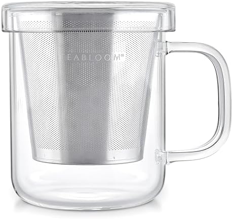 Teabloom Premium Borosilicate Glass Mug with Stainless Steel Loose Leaf Tea Infuser and Lid/Dish - 8 Ounces (240 mL) by Teabloom