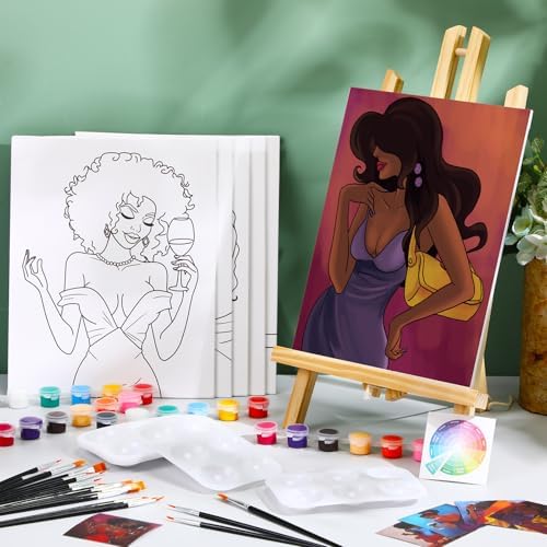 Dinifee 6 Pack Pre Drawn Canvas for Painting Pre Printed Canvas Kit 8 x 10 Inch Stretched Cotton Paint and Sip Set for Adults Couple Party Graduation Summer Date Night(Charming Lady) - Image 2