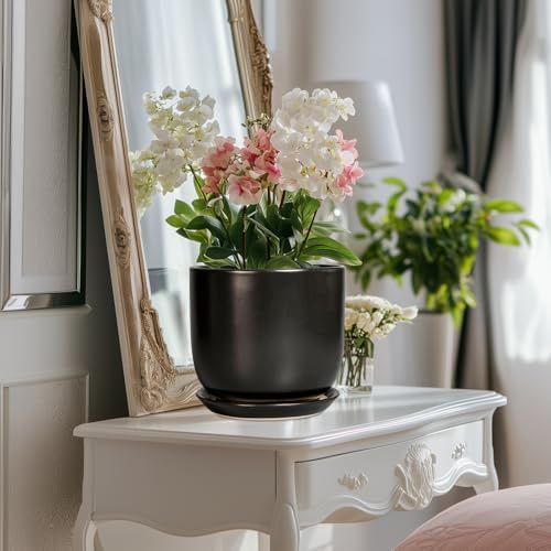 Ceramic Flower Pot 8 Inch - Modern Round Planter for Indoor Outdoor Plants with Drainage Hole and Saucer, Home House Room Office Patio Decor, Black - Image 5