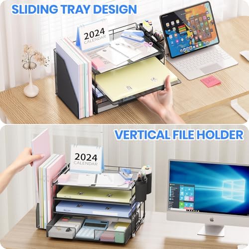 OPNICE Desk Organizer, 4-Tier Desktop File Organizer with Drawer and Pen Holders, Office Desk Accessories, File Sorters, Workspace Organizers for Office Supplies(Black) - Image 5