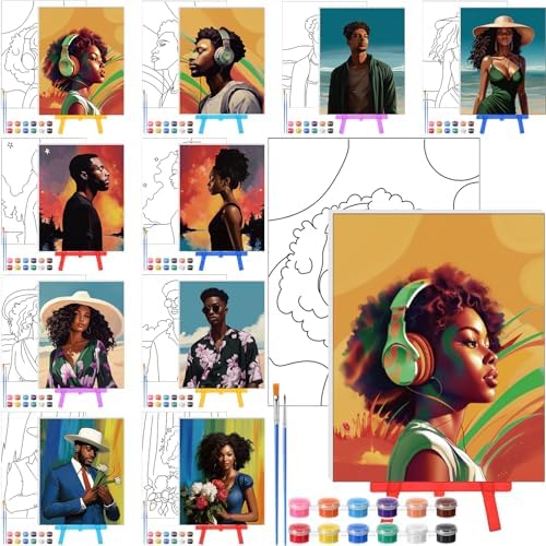 Blosssound 10 Set Pre Printed Canvas Pre Drawn Canvas Painting with Easel Kits 5" x 7" Outline Painting Panels for Beginners, DIY Craft Project, Party Favor, Home Decors(Black Couple) by Blosssound
