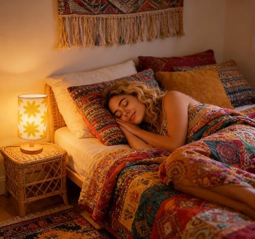 Small Bedside Night Table Lamp∣Inline Control & 3 Brightness Levels∣Yellow Flower-Patterned Shade Bedside Lamp for Bedroom,Living Room,Study,Dorm,Home Office,Baby Room & Kitchen - Image 2