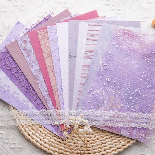 15Pcs Handmade Scrapbook Art Paper Craft Textured Colorful A5 sheet Mesh Special Paper Mix for Scrapbooking Junk Journal Journaling Supplies DIY Materials,5.8x8.2 inches (Purple) by LewuwoPoing