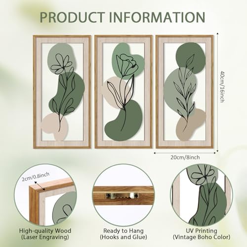 HPNIUB 3 PCS Minimalist Floral Wall Decor, Boho Green Geometric Hanging Wood Sign for Living Room, 8x16Inch Modern Bohemian Botanical Leaf Wooden Plaque for Apartment Bedroom Office Decoration - Image 2