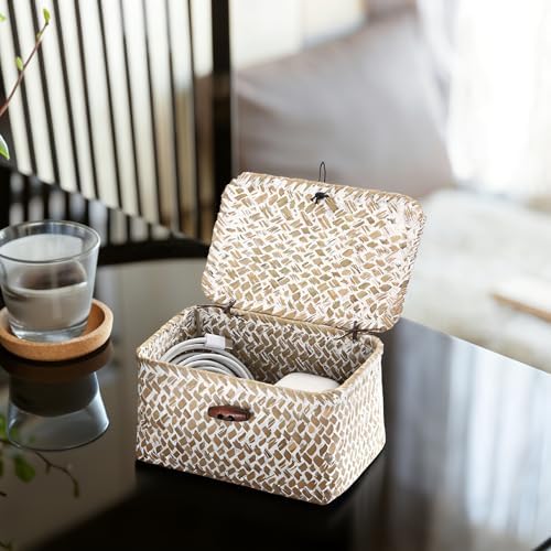 Hipiwe Wicker Shelf Basket Box Mini Seagrass Baskets with Lid,6.1"x4"x3.3" - Image 5