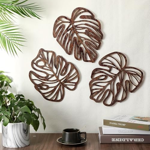 Palm Leaves Wood Wall Decor , 3Pcs Tropical Wall Art Jungle Decor, Wooden Natural Leaves Plant Wall Decor, Vintage Tropical Plant Plaque for Home Living Room Kitchen Bedroom Bathroom & Garden, Brown by Unknown