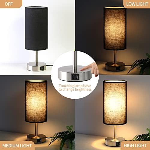 Bedside Lamp with USB Port - Touch Control Table Lamp for Bedroom Wood 3 Way Dimmable Nightstand Lamp with Round Black Shade for Living Room, Dorm, Home Office (LED Bulb Included) (Blacl2) - Image 2