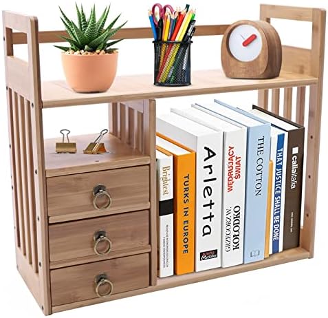 Bamboo Desktop Bookshelf with Drawers, Tabletop Bookshelves with 3 Drawers, Desktop Bookshelf Organizer Table Top Organizer Bamboo Desk Organizers for Office and Home (Natural) by Unknown