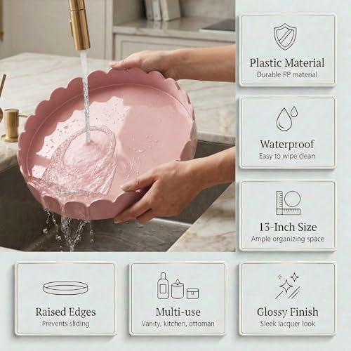 Gesodant 13" Round Scalloped Decorative Tray for Coffee Table Decor, Candle & Perfume Tray, Dining Table Centerpiece & Aromatherapy Candle Display, Modern Glossy Lacquer Look (Pink) - Image 5