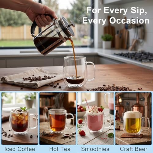Roran Double Wall Glass Coffee Mugs, Clear Borosilicate Glass with Handle, 14.2oz, 2 Piece Set, High-Heat Resistant - Image 3
