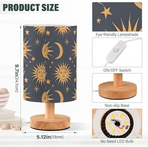 Bedside Lamp Sun Moon Stars Constellation Boho Lamp for Girls Boys Bedroom, Table Lamp with USB Port, Kids Nightstand Lamp Wood Base Room Desk Lamp (LED Bulb Included) - Image 3
