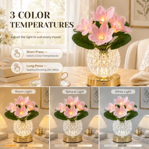 Flower Table Lamp, 3 Colors Touch Dimming Magnolia Glass Night Light, Rechargeable Artificial Flower Light, LED Flower with Vase Lamp Romantic Decor for Date Party Home (Pink - Magnolia) - Image 3