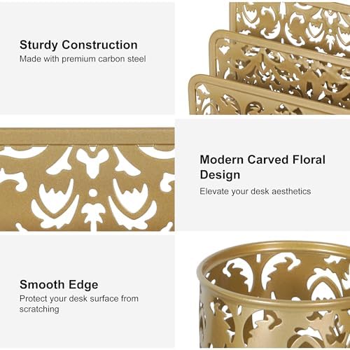 EasyPAG Desk Organizers and Accessories 3 Pieces Office Organizer Set - Pen Holder for Desk, Mail Sorter Countertop and Sticky Note Holder, Gold - Image 3