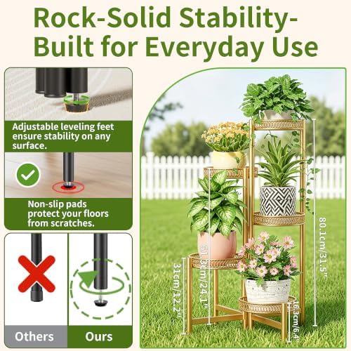 Gold Plant Stand Indoor Outdoor, 5 Tier Corner Flower Display Holder Stand, Folding Tall Plant Rack for Patio Balcony Porch, Heavy Duty Wrought Iron Gold Plant Shelf - GoldFlower - Image 3