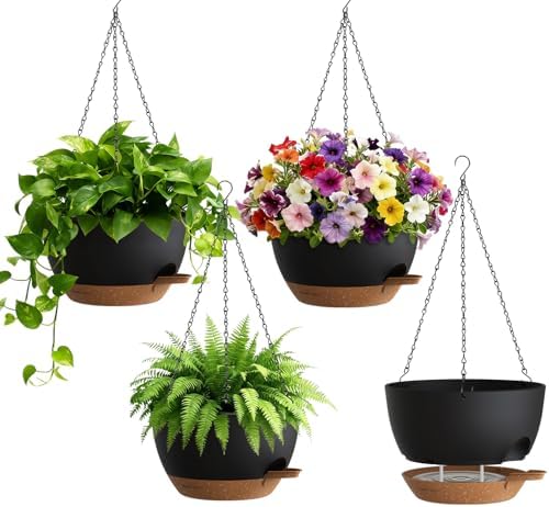 UOUZ 4 Pack 8 Inch Self Watering Hanging Planters for Indoor Outdoor Plants，Hanging Pots for Plants with Drainage Removable Tray, Hanging Baskets Flower Pots for Pothos Spider Garden Black with Brown by UOUZ