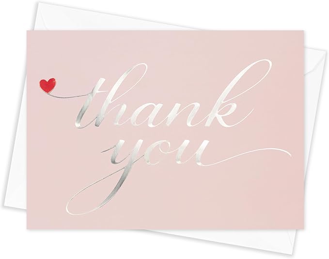 Cheerin 24 Pack Pink Thank You Cards With Envelopes Set - Elegant Silver Foil Thank You Notes for Wedding, Birthday and Baby Shower - Bulk Appreciation Cards 3x5 inch