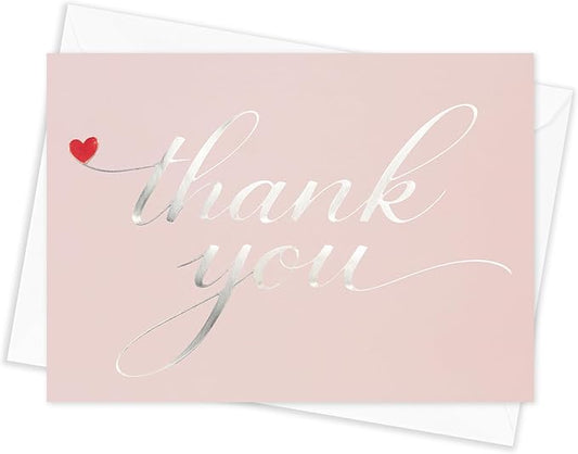 Cheerin 24 Pack Pink Thank You Cards With Envelopes Set - Elegant Silver Foil Thank You Notes for Wedding, Birthday and Baby Shower - Bulk Appreciation Cards 3x5 inch