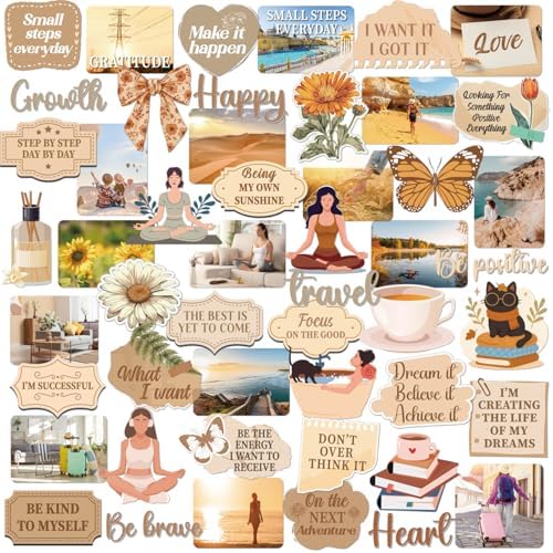Brown Vision Board Stickers - 50 Pcs Travel Inspirational Planner Supplies Kit for Adults Women Motivational Aesthetic Mental Health Waterproof Decals for Book Scrapbook Journaling Keyboard by LetCreativityFlourish
