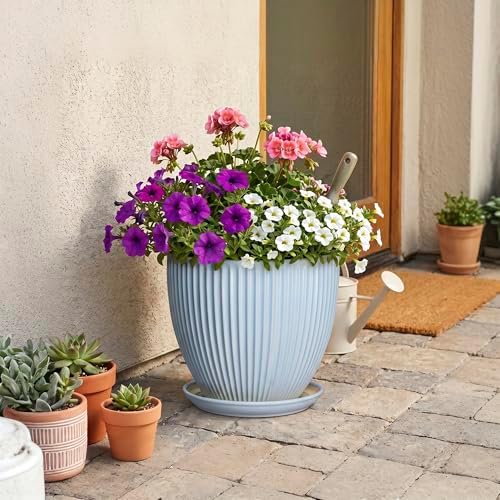 10 Inch Pots for Plants, Ceramic Plant Pots with Drainage Hole and Saucer, Modern Flower Pots for Indoor Plants, Decorative Large Planter, Entryway Decor, Gardening Gifts, Light Blue - Image 7
