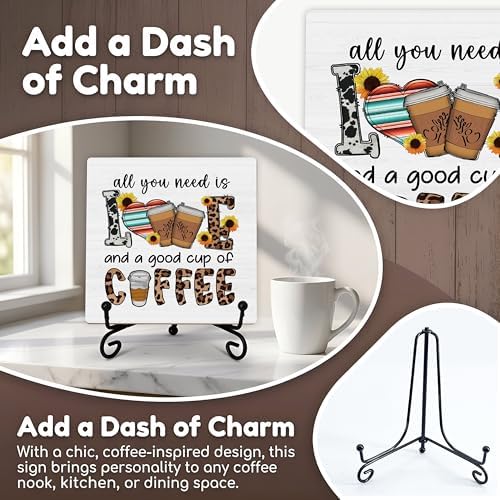 Coffee Bar Sign, All You Need Is Love and a Good Cup Quote Sign, 5x5 Wood Plaque with Iron Stand, Kitchen Cafe Tabletop Decor – A06 - Image 3