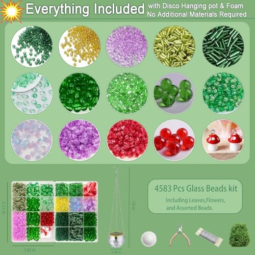 Beaded Plant Kit Green Glass Beads Flower Leaf Suncatcher Disco Ball Hanging Planter Seed Glass Beads Leaves Bulk Forever Sun Catchers Complete Craft Set for Adults Home Decor Meaningful DIY Gift - Image 4