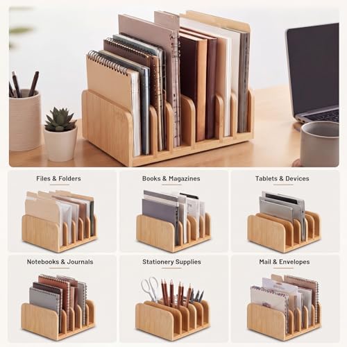 Lineshading Bamboo Letter Organizer, 5 Compartments Desk Mail Organizer, Desktop Envelope Holder and Letter Sorter, Countertop Paper File Holders with Anti Slip Mat for Home Office(Bamboo Color) - Image 6