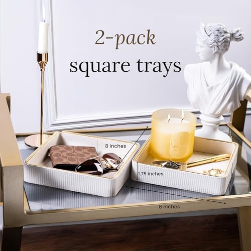 2 Pack White Catch All Trays for Jewelry| Small Leather Valet Tray| Key Bowl for Entryway Table EDC Trinket Tray CatchAll| Perfume Trays for Dresser Organizer Perfume Holder (Set of 2) - Image 2