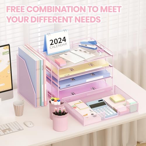 OPNICE Desk Organizer, 4-Tier Desktop File Organizer with Drawer and Pen Holders, Office Desk Accessories, File Sorters, Workspace Organizers for Office Supplies(Pink) - Image 4