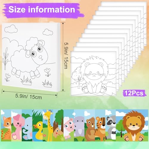 Teling 12 Pcs Pre Drawn Stretched Canvas Kit for Adults Painting Pre Printed Canvas Outline for DIY Painting Party Favor,6 x 6 x 0.6 Inches(Animal) - Image 2
