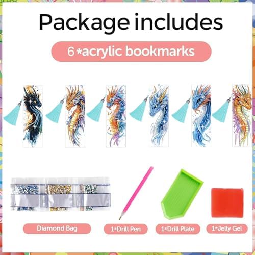 Puraikcmi 5D DIY Diamond Art Bookmarks Kit Dragon 6 PCS Acrylic Diamond Painting Bookmarks Kits with Tassels, Rhinestone Crafts Decoration Gift Set for Book Lovers Beginners & Adults (Partial Drill) - Image 6