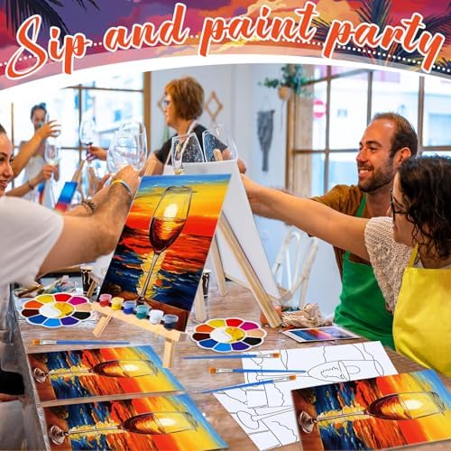 Motipuns 6 Set Pre Drawn Canvas for Painting for Adults Sip and Paint Kit with Easels 8 x 10 Inches Paint Party Kit with Printed Canvas Paints Brushes Palette Apron(Sunset with Wine Glass) - Image 5