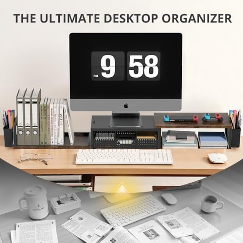 OPNICE Desk Organizers and Accessories, Dual Monitor Stand Riser with Drawer and 2 Pen Holders, Desk Shelf Printer Stand for Office Workspace Organizers, Desktop Organization (Rustic Brown) - Image 5