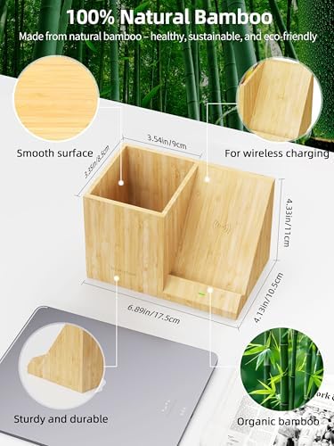 Bamboo Pen Holder for Desk with Wireless Charger, Desktop Organizer - Image 4